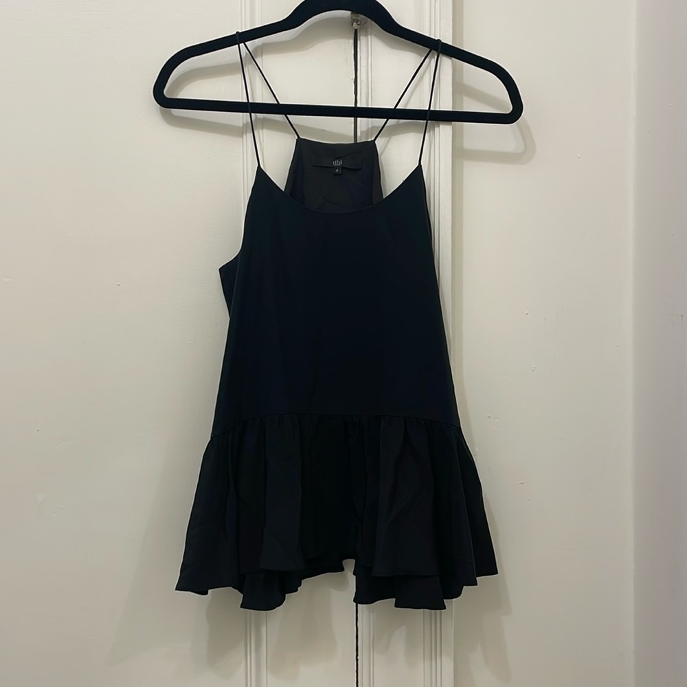 Tibi black silk tank with ruffle hem. Size 4. Excellent condition.